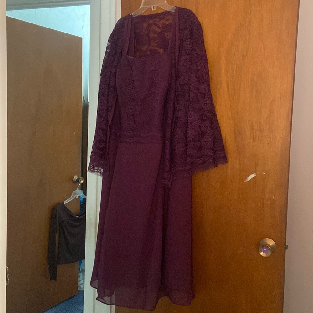 Purple wedding guest dress w lace cardigan